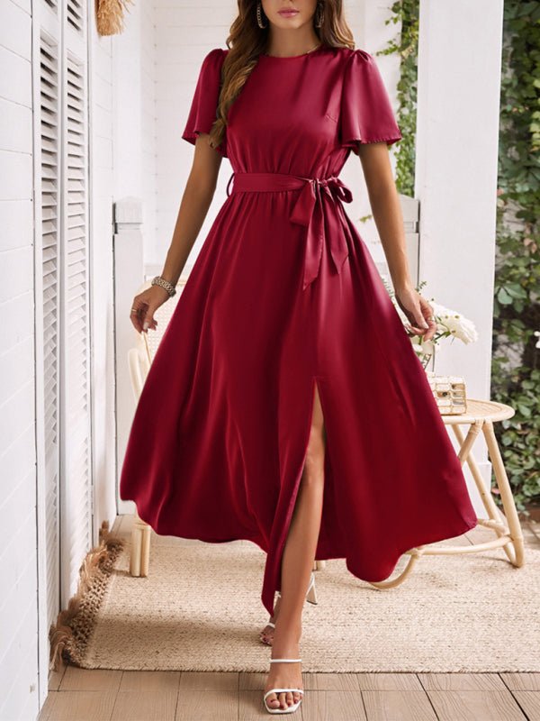 New style solid color lace - up slit dress - Formal Dress