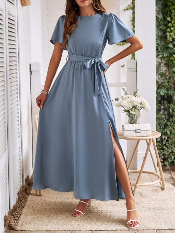New style solid color lace - up slit dress - Formal Dress