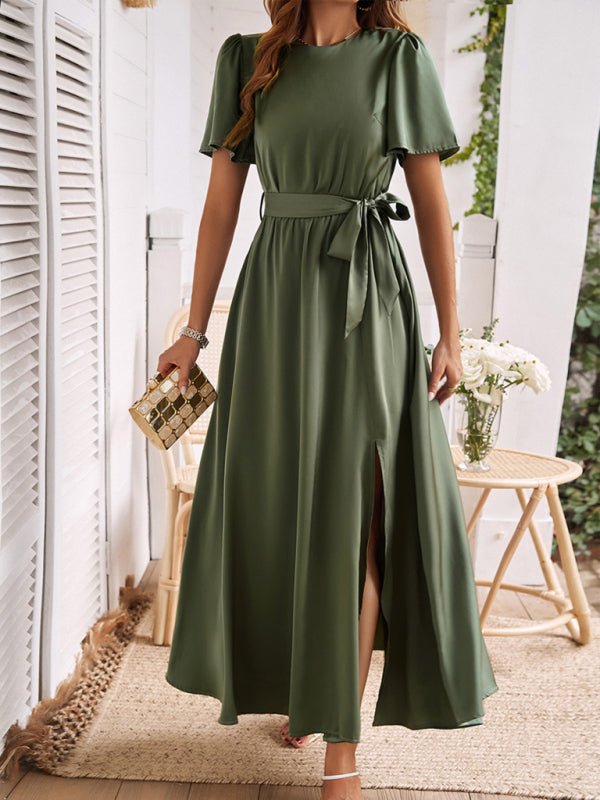 New style solid color lace - up slit dress - Formal Dress