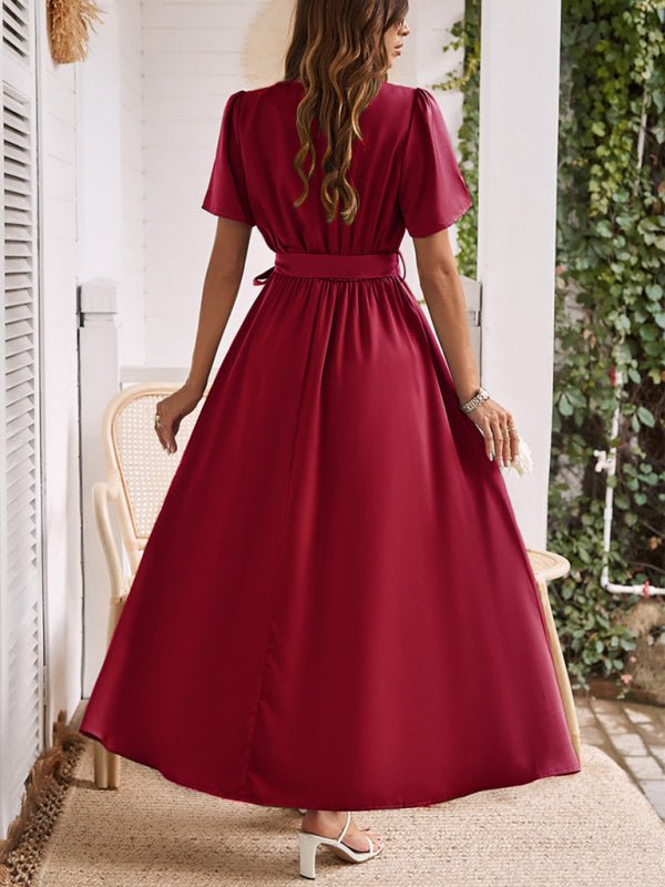 New style solid color lace - up slit dress - Formal Dress