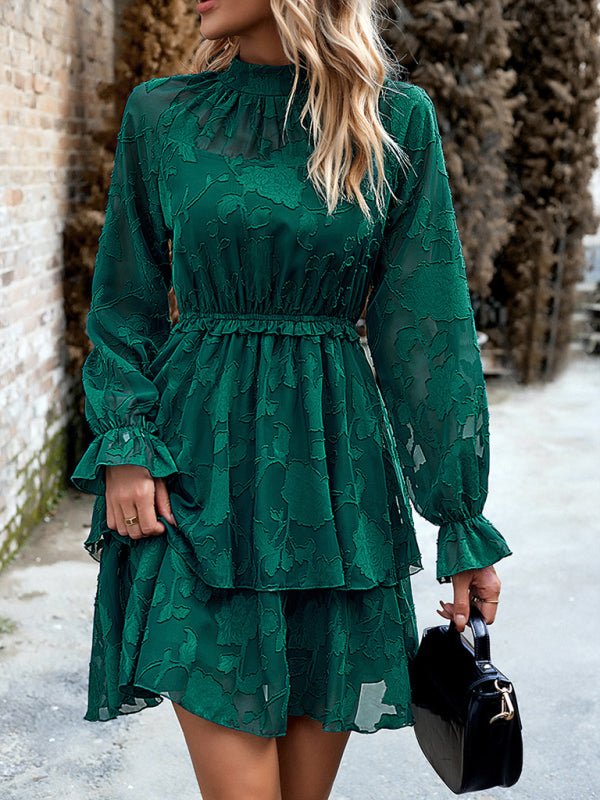 New style women's elegant jacquard round neck long - sleeved skirt - Day Dress