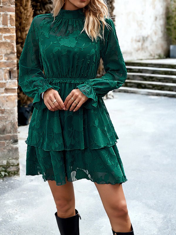 New style women's elegant jacquard round neck long - sleeved skirt - Day Dress