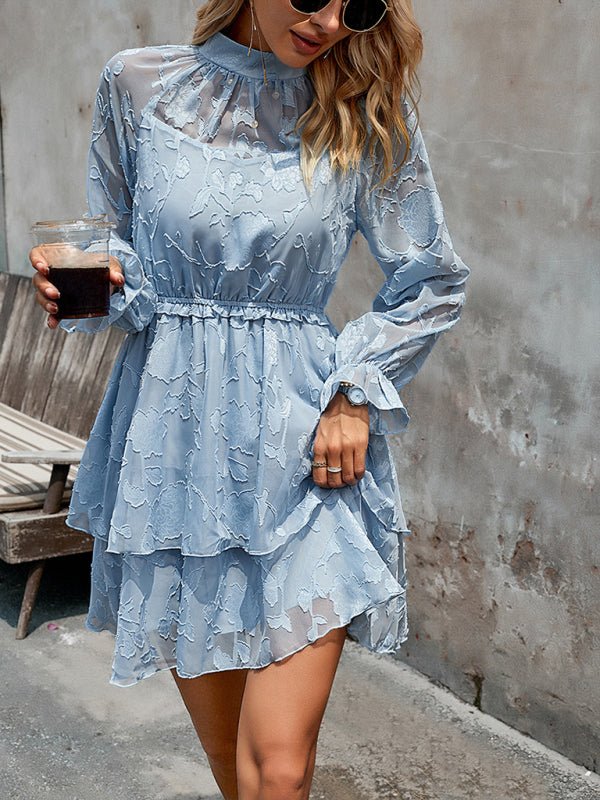 New style women's elegant jacquard round neck long - sleeved skirt - Day Dress