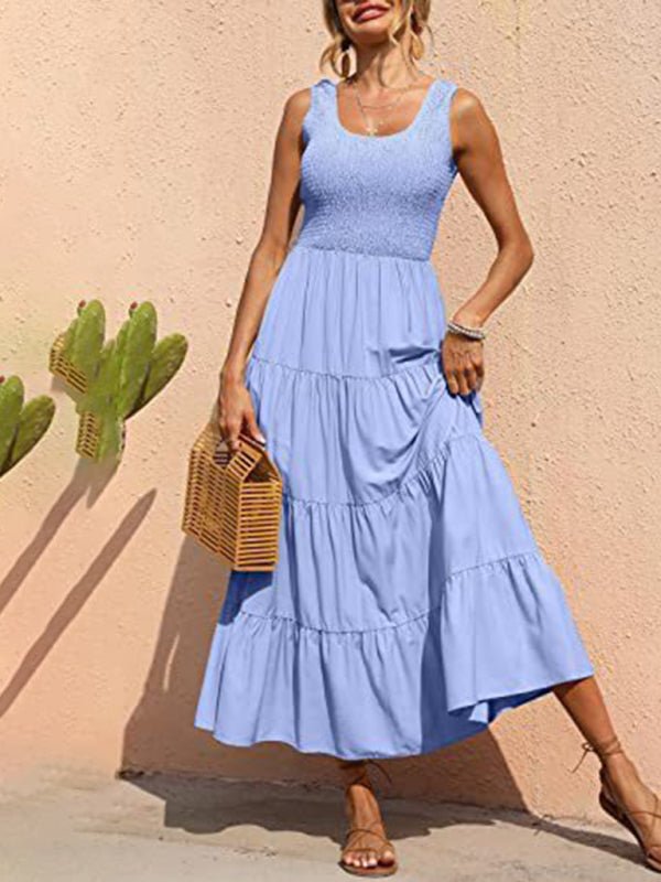 New suspender skirt pleated stitching A - line large hem dress - Day Dress