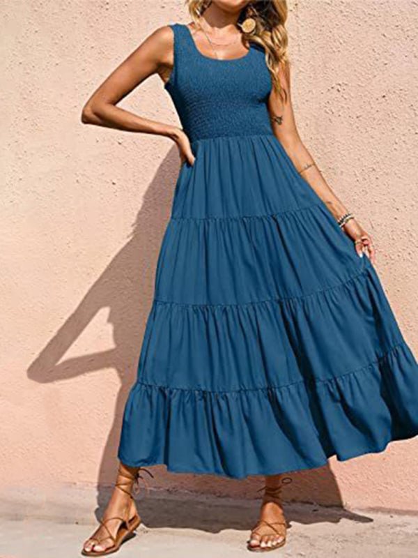 New suspender skirt pleated stitching A - line large hem dress - Day Dress