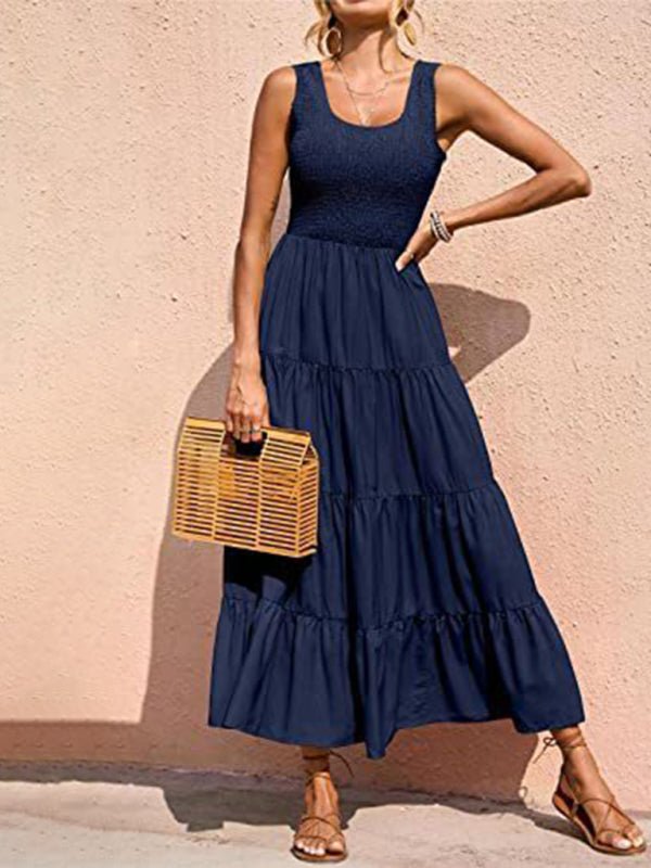 New suspender skirt pleated stitching A - line large hem dress - Day Dress