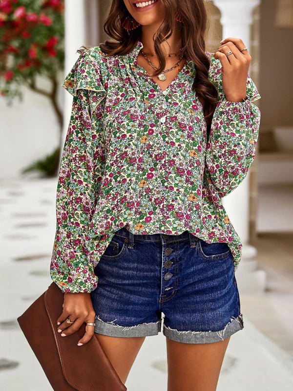 New temperament casual plant floral print long - sleeved shirt top - Top