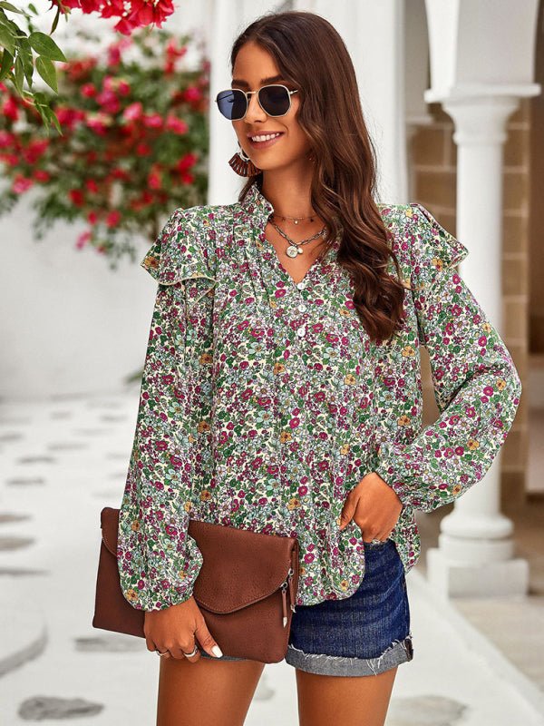 New temperament casual plant floral print long - sleeved shirt top - Top