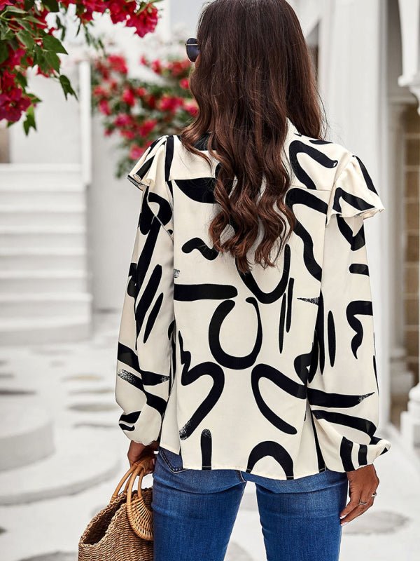 New temperament casual plant floral print long - sleeved shirt top - Top