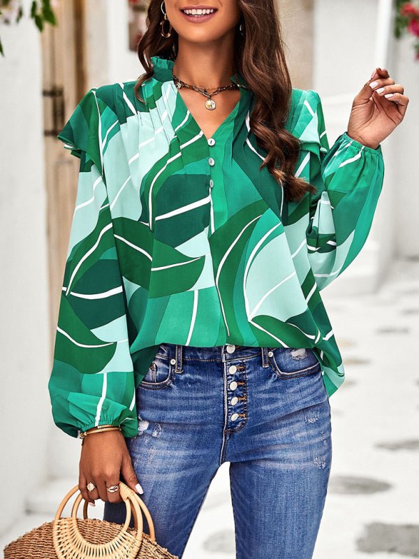 New temperament casual plant floral print long - sleeved shirt top - Top
