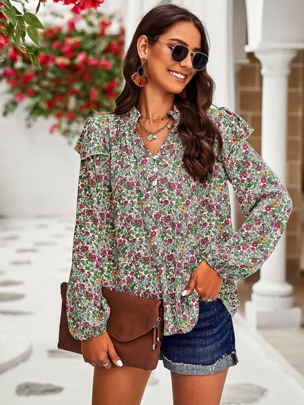 New temperament casual plant floral print long - sleeved shirt top - Top