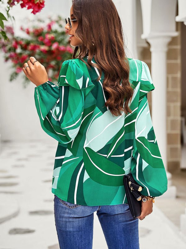 New temperament casual plant floral print long - sleeved shirt top - Top