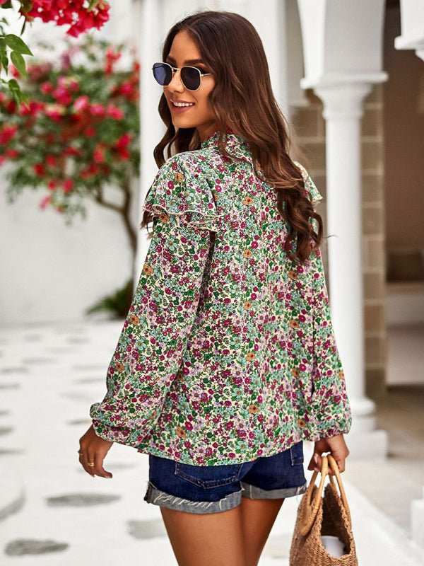 New temperament casual plant floral print long - sleeved shirt top - Top