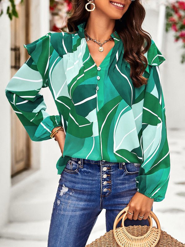 New temperament casual plant floral print long - sleeved shirt top - Top