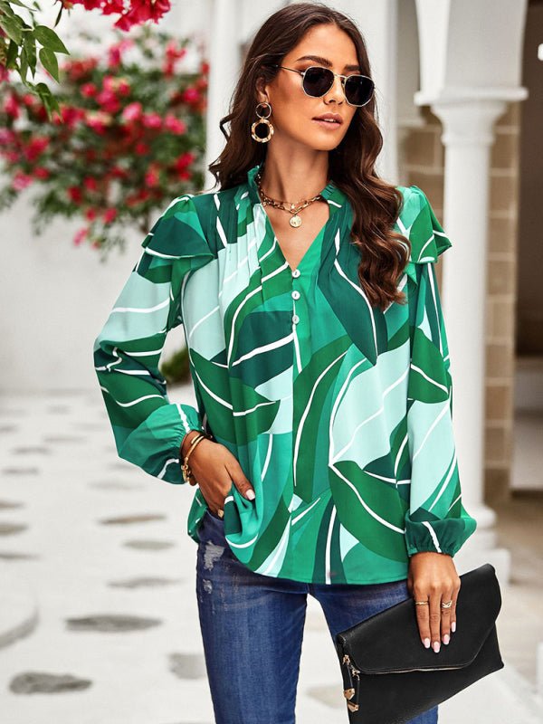 New temperament casual plant floral print long - sleeved shirt top - Top