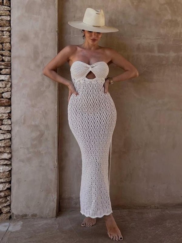 New tube top open mesh hollow knitted elastic hip - covering hot girl dress - Vacation Dress