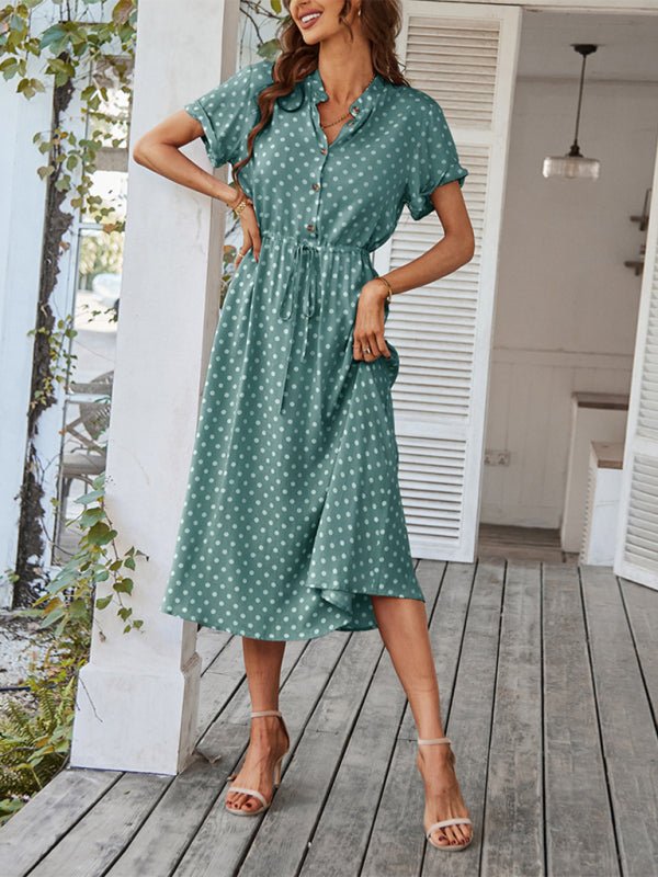 New women's all - match shirt collar polka dot waist waist dress - Day Dress