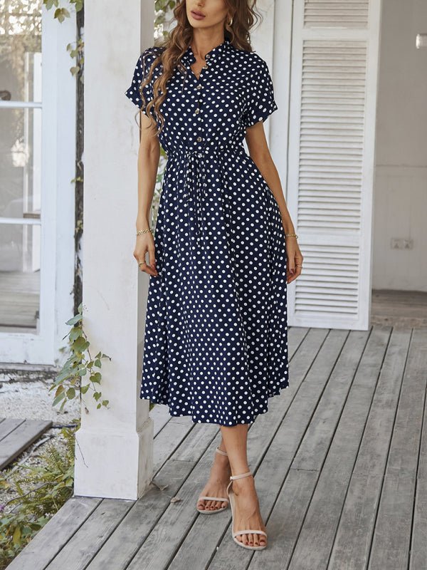 New women's all - match shirt collar polka dot waist waist dress - Day Dress