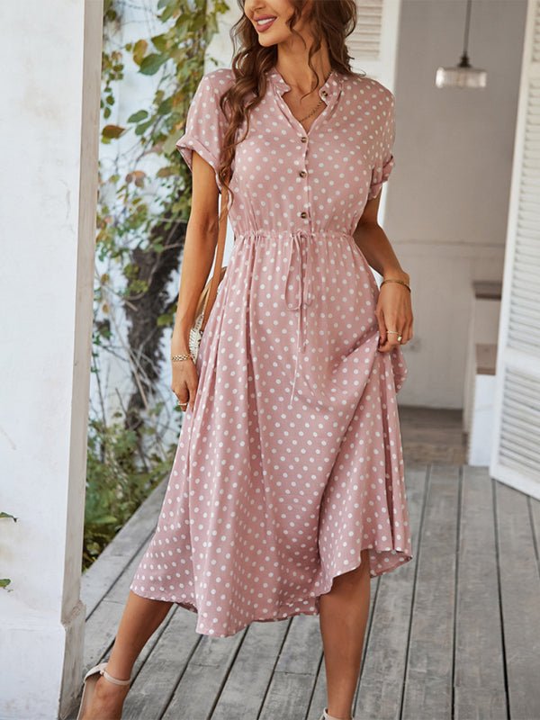 New women's all - match shirt collar polka dot waist waist dress - Day Dress