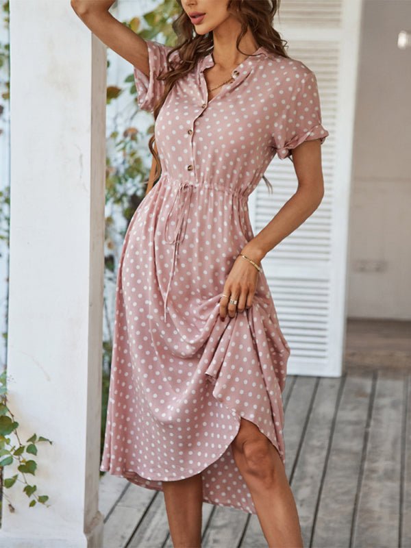 New women's all - match shirt collar polka dot waist waist dress - Day Dress