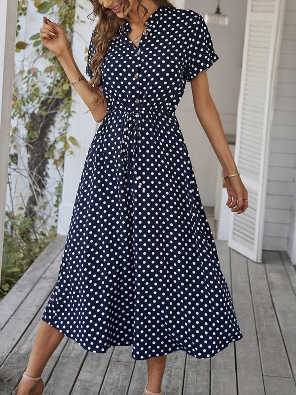New women's all - match shirt collar polka dot waist waist dress - Day Dress