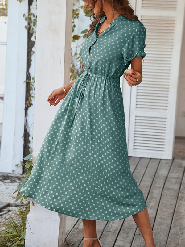 New women's all - match shirt collar polka dot waist waist dress - Day Dress
