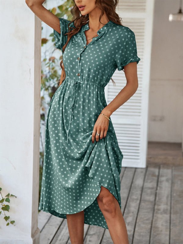 New women's all - match shirt collar polka dot waist waist dress - Day Dress