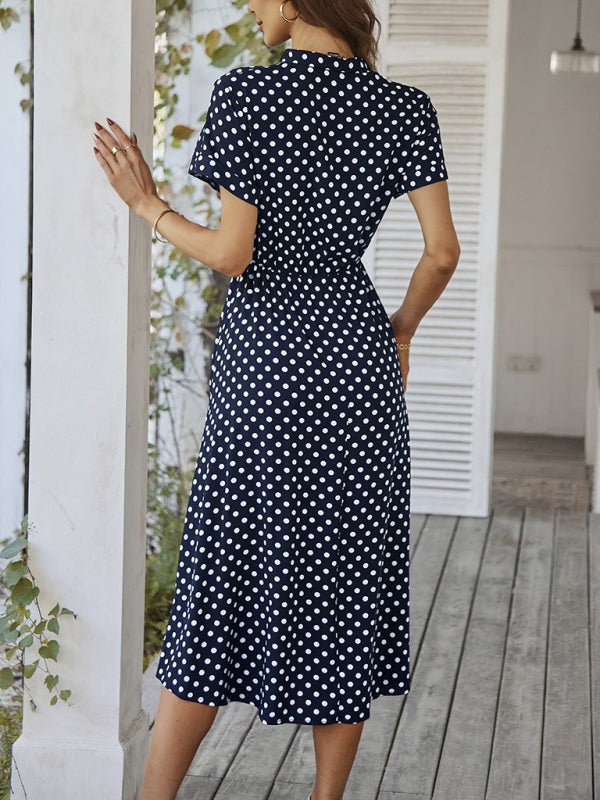 New women's all - match shirt collar polka dot waist waist dress - Day Dress