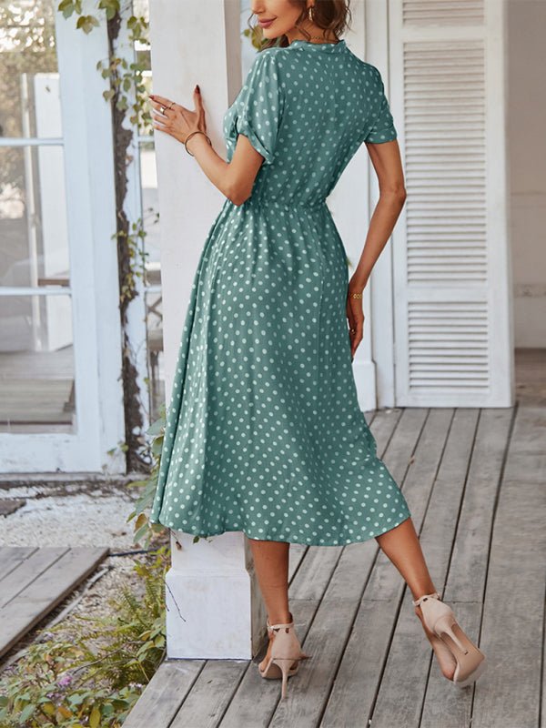 New women's all - match shirt collar polka dot waist waist dress - Day Dress