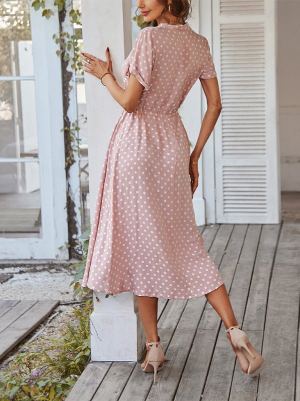 New women's all - match shirt collar polka dot waist waist dress - Day Dress