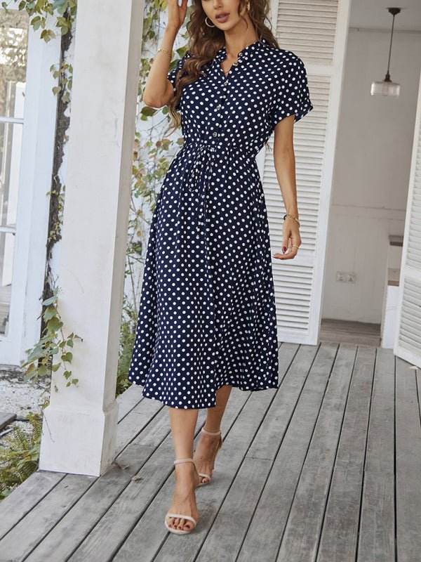 New women's all - match shirt collar polka dot waist waist dress - Day Dress