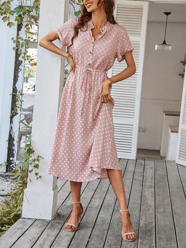 New women's all - match shirt collar polka dot waist waist dress - Day Dress