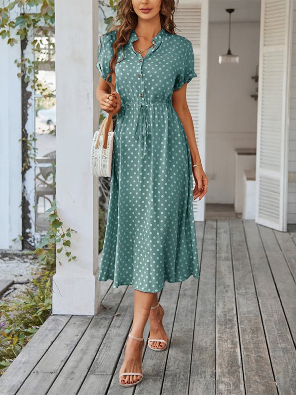 New women's all - match shirt collar polka dot waist waist dress - Day Dress