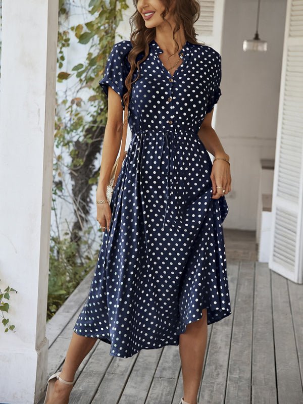New women's all - match shirt collar polka dot waist waist dress - Day Dress