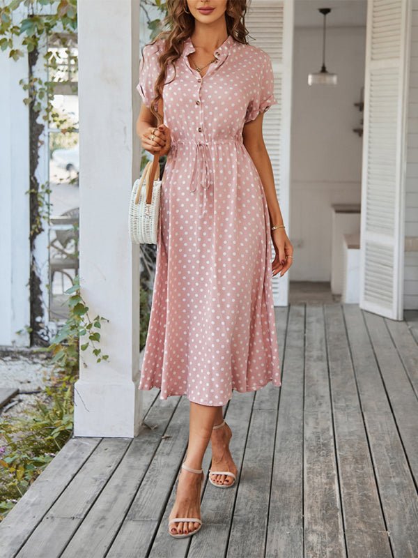 New women's all - match shirt collar polka dot waist waist dress - Day Dress
