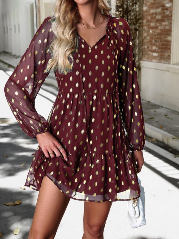 New women's autumn chiffon v - neck long - sleeved commuter dress - Day Dress