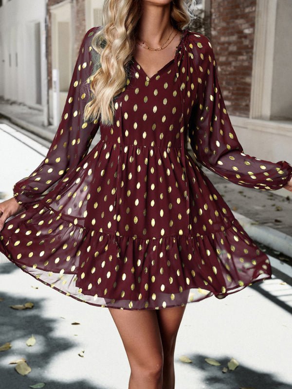 New women's autumn chiffon v - neck long - sleeved commuter dress - Day Dress