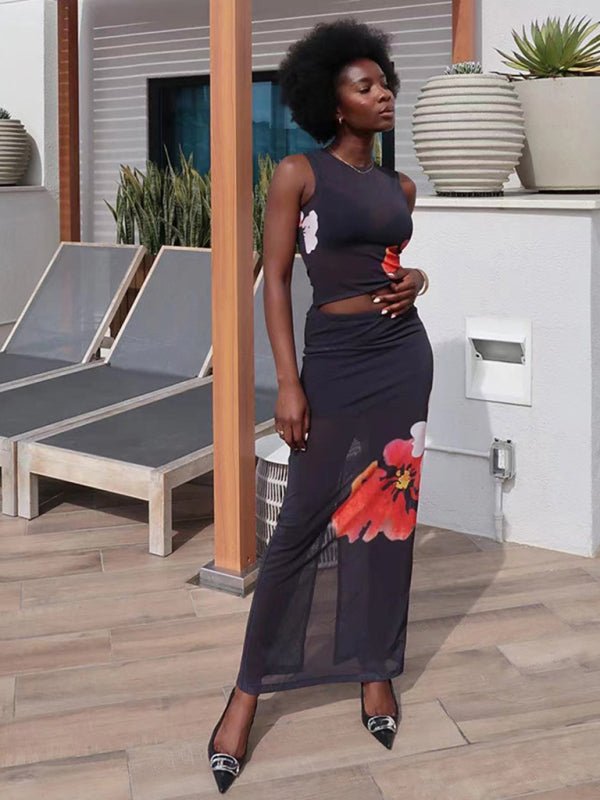 New women's fashionable sleeveless printed T-shirt slim fit hip - hugging slit skirt suit - Nightout dress