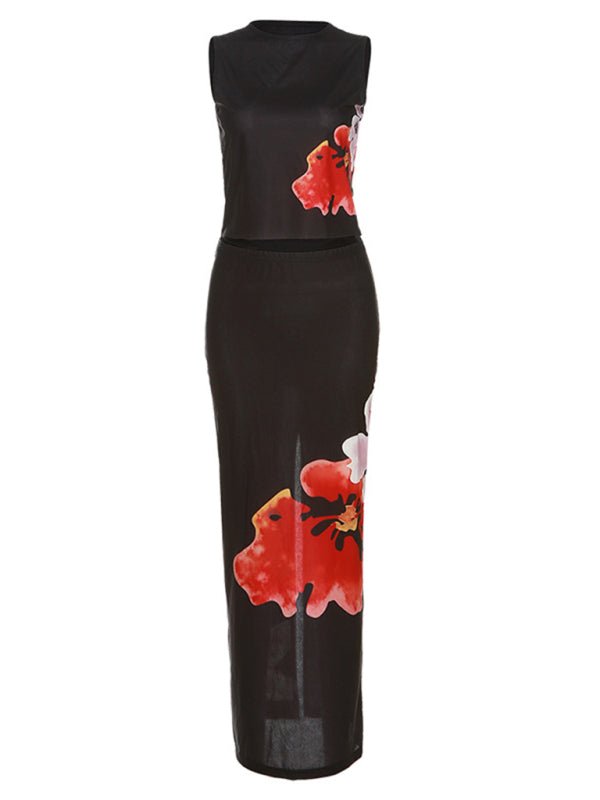 New women's fashionable sleeveless printed T-shirt slim fit hip - hugging slit skirt suit - Nightout dress