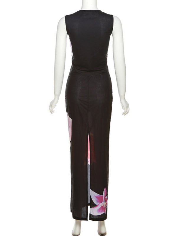 New women's fashionable sleeveless printed T-shirt slim fit hip - hugging slit skirt suit - Nightout dress