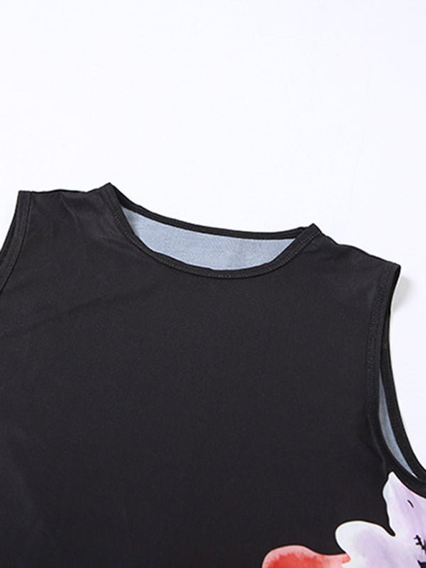 New women's fashionable sleeveless printed T-shirt slim fit hip - hugging slit skirt suit - Nightout dress