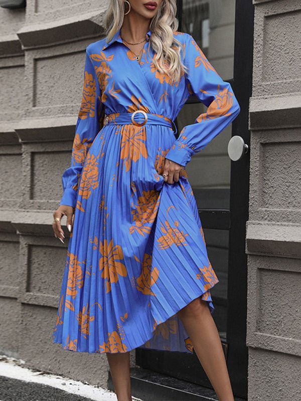 New Women's Floral Contrast Print Waist V - Neck Dress - Formal Dress