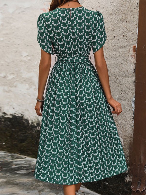 New Women's Floral Print Short Sleeve Dress - Formal Dress