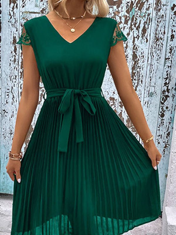 New women's lace stitching solid color pleated dress - Formal Dress