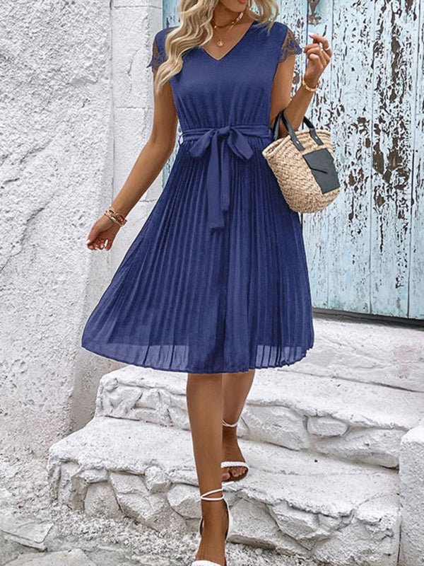New women's lace stitching solid color pleated dress - Formal Dress