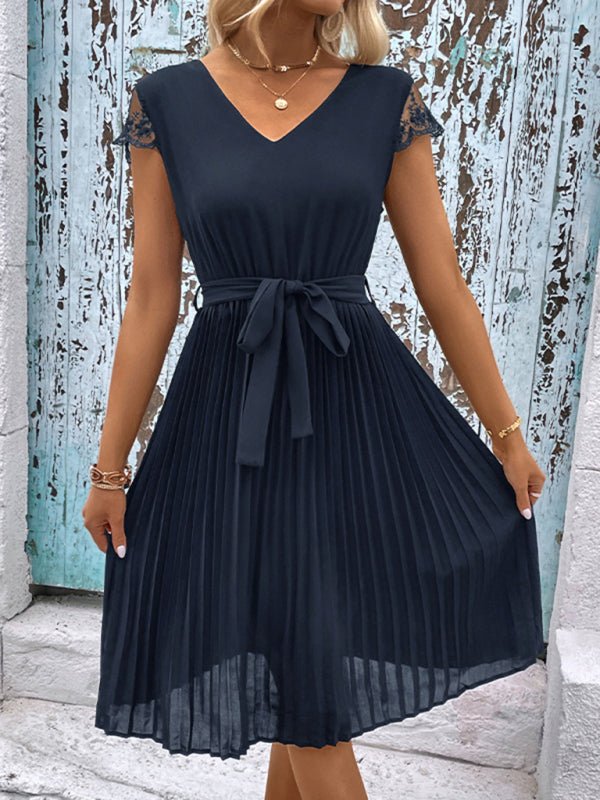 New women's lace stitching solid color pleated dress - Formal Dress