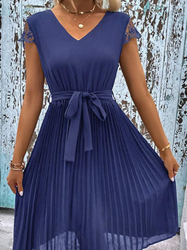 New women's lace stitching solid color pleated dress - Formal Dress