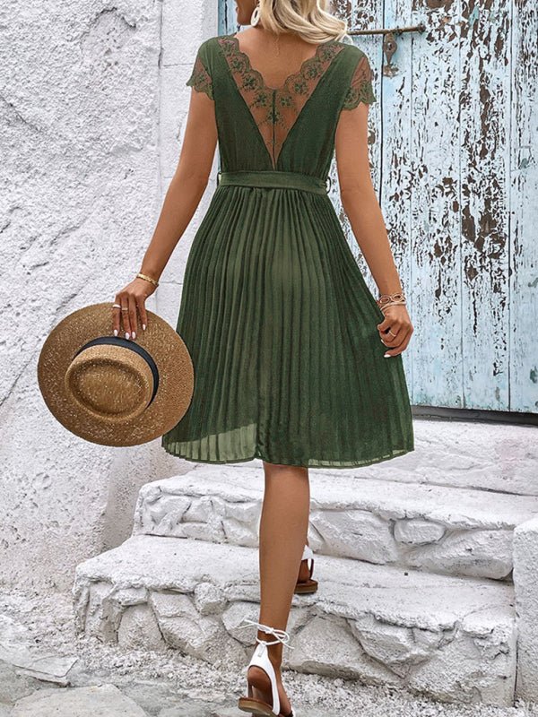 New women's lace stitching solid color pleated dress - Formal Dress