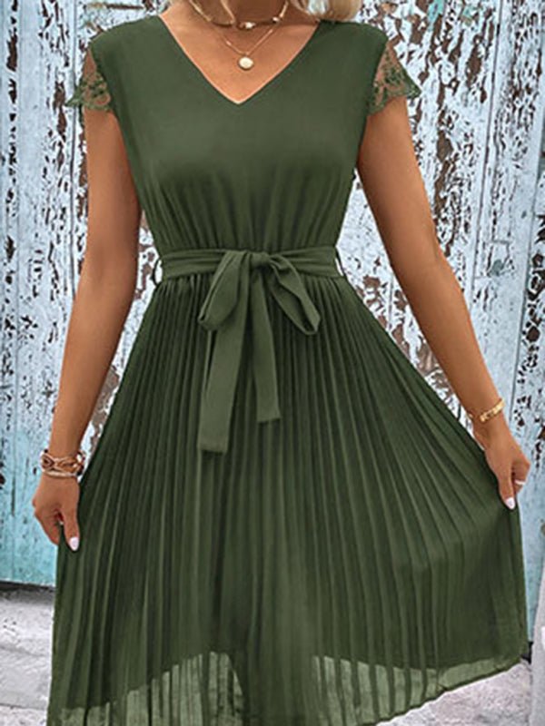 New women's lace stitching solid color pleated dress - Formal Dress