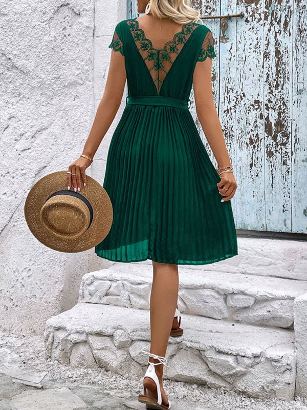 New women's lace stitching solid color pleated dress - Formal Dress